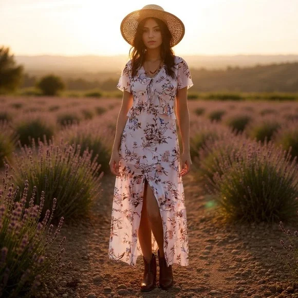 AMERICAN RAG Lavender Floral Prairie Wrap Maxi Dress Size Medium - Picture 2 of 10